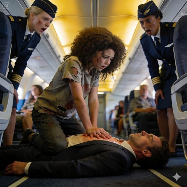 Amara climbed onto the armrest beside Richard Hawthorne, pressed two fingers to his neck, and whispered something under her breath. Then she did something that made the flight attendant go pale. Because a little girl from the back of the plane shouldn’t know how to save a billionaire’s life… Unless she’d learned it the hard way. And when Richard finally opened his eyes again, still shaking…