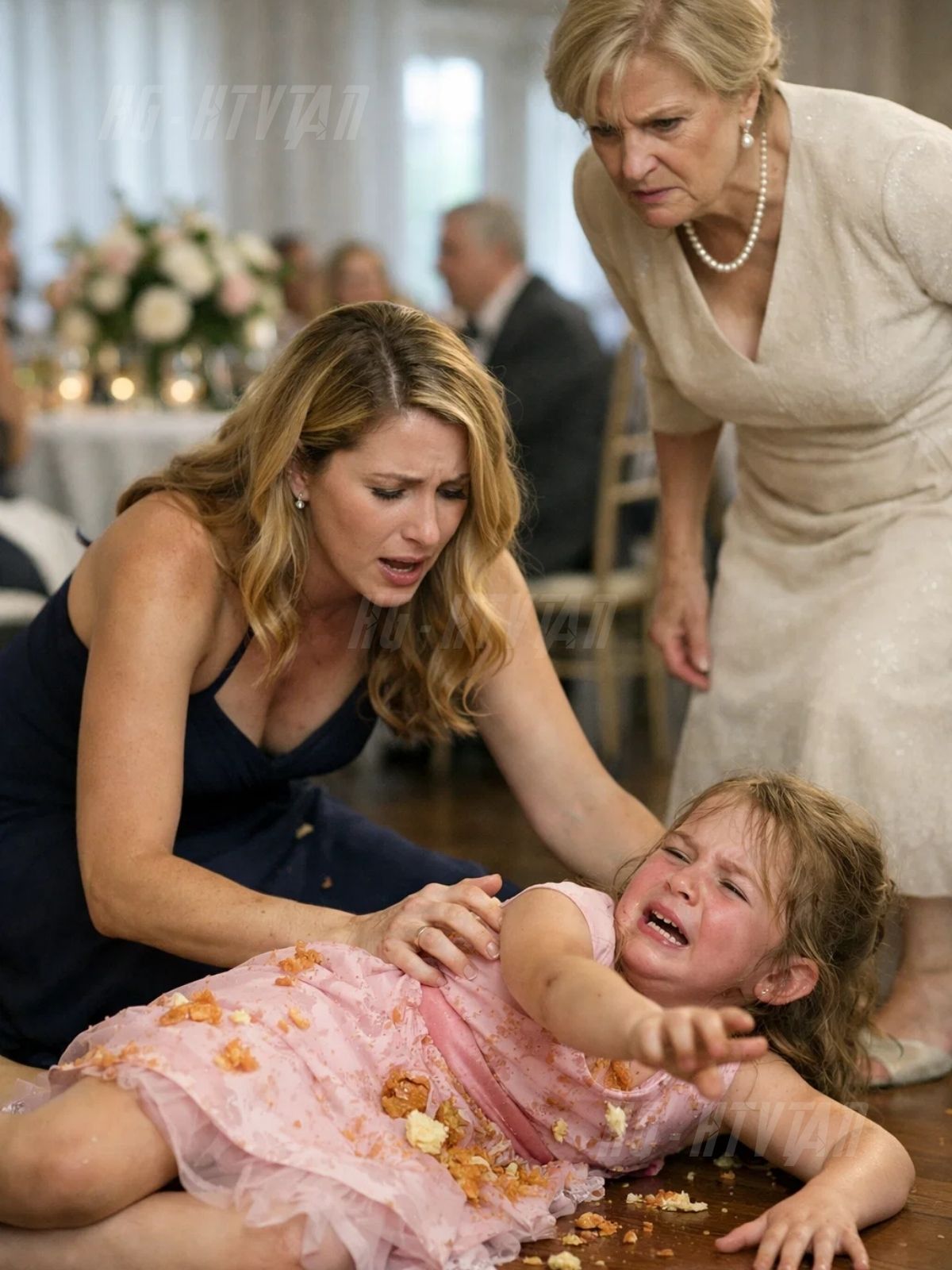 What was supposed to be a beautiful wedding reception turned into the moment my marriage finally died. My daughter accidentally bumped my mother-in-law’s plate, and instead of acting like a grown woman, she shoved an 8-year-old child to the floor in front of hundreds of people, then threw food over her while calling her stupid and badly raised. My little girl stood there covered in dinner, crying and apologizing, while guests stared and did nothing. I stepped in, expecting at least my husband to act like a father. Instead, he chose his mother. He got up, walked toward us, and slapped me across the face so hard the room fell silent. In that second, everything became painfully clear—who mattered, who didn’t, and how far they thought they could go without consequences. So while his mother kept screaming, and my daughter shook beside me, I reached for my phone and made one call that changed the rest of that night.