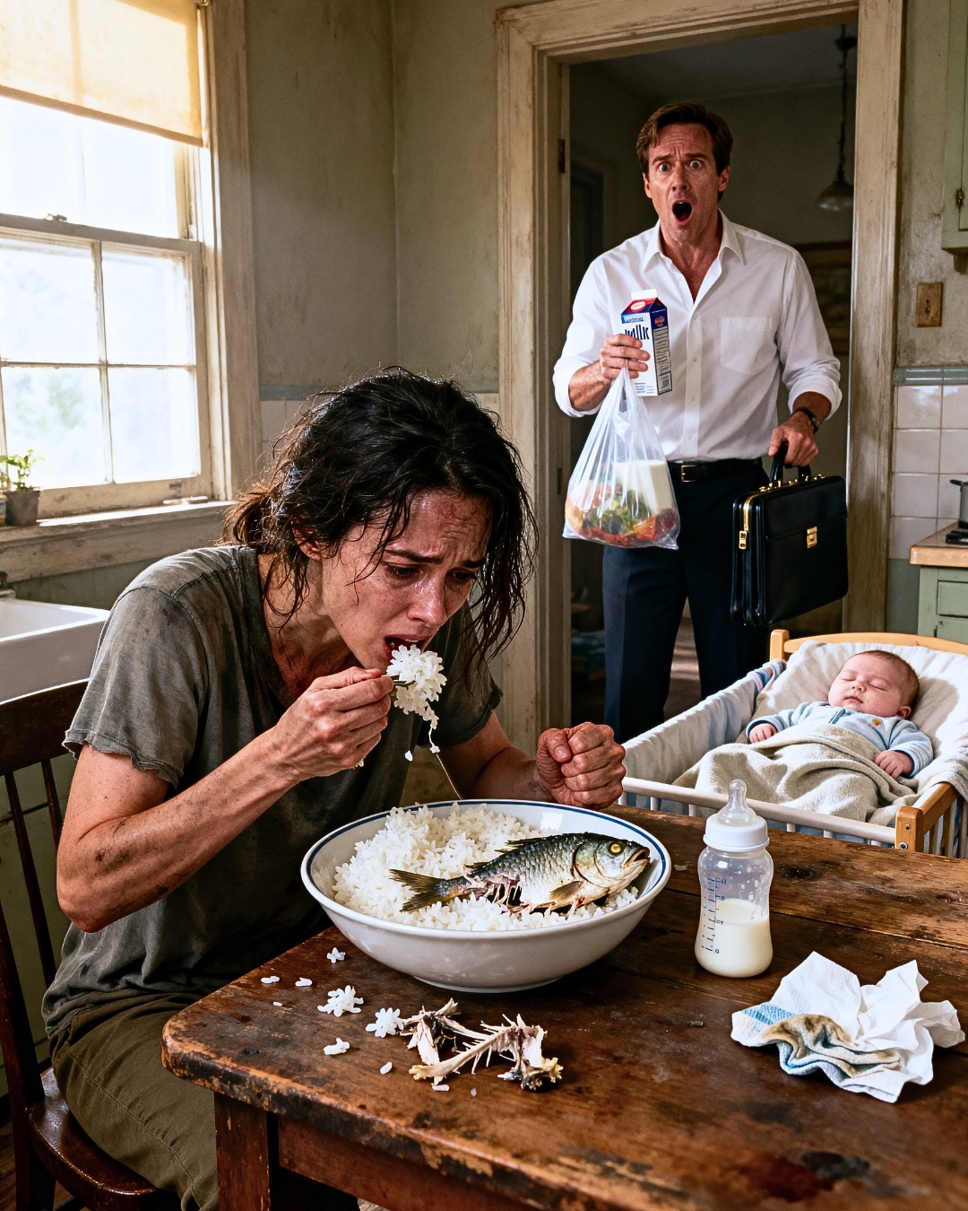 I give my mother $25,000 a month to take care of my wife after she gives birth. But when I came home unexpectedly early, I found her secretly eating a bowl of spoiled rice mixed with fish heads and bones. What happened next was even more terrifying…