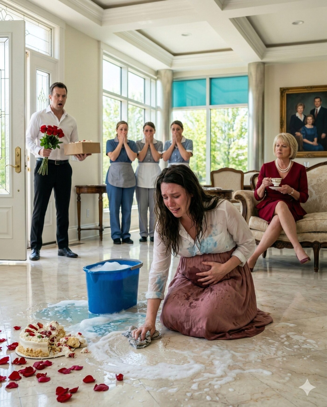 I Came Home Early To Surprise My Pregnant Wife… But When I Walked In, I Saw Her Kneeling On The Floor Scrubbing While The Maids Watched… And The Reason Broke My Heart