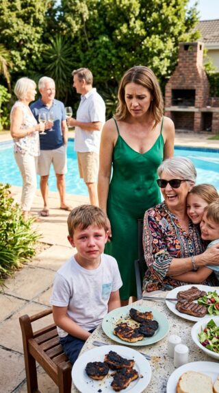 During a family cookout, my sister’s child was served a thick, perfect T-bone steak—while my son got a burnt slab of fat. My mother laughed, “That’s more than enough for a child like him.” My sister smirked, “Even a dog eats better.” My son lowered his eyes and whispered, “Mom, I’m happy with this meat.” An hour later, when I realized what he meant… my hands started shaking.