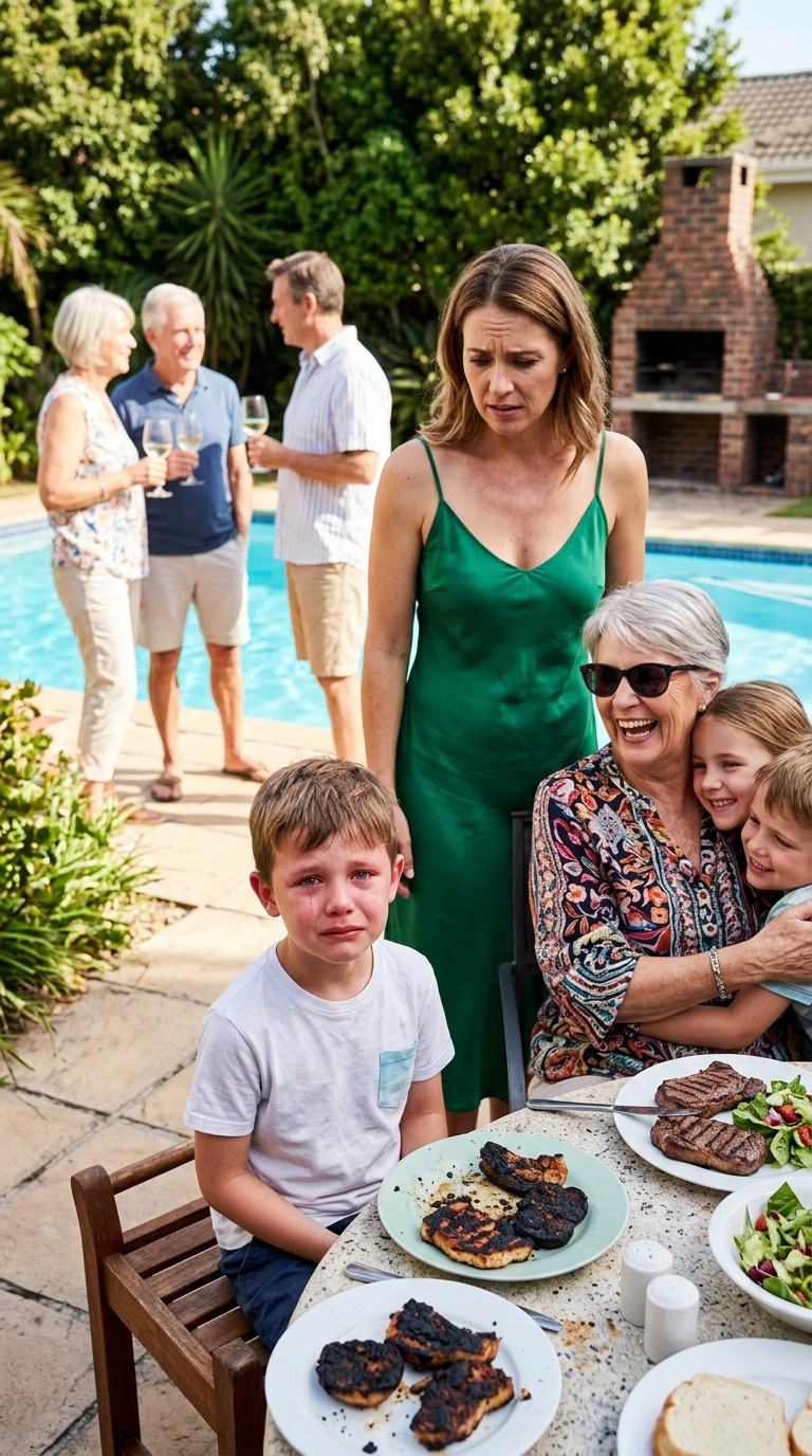 During a family cookout, my sister’s child was served a thick, perfect T-bone steak—while my son got a burnt slab of fat. My mother laughed, “That’s more than enough for a child like him.” My sister smirked, “Even a dog eats better.” My son lowered his eyes and whispered, “Mom, I’m happy with this meat.” An hour later, when I realized what he meant… my hands started shaking.