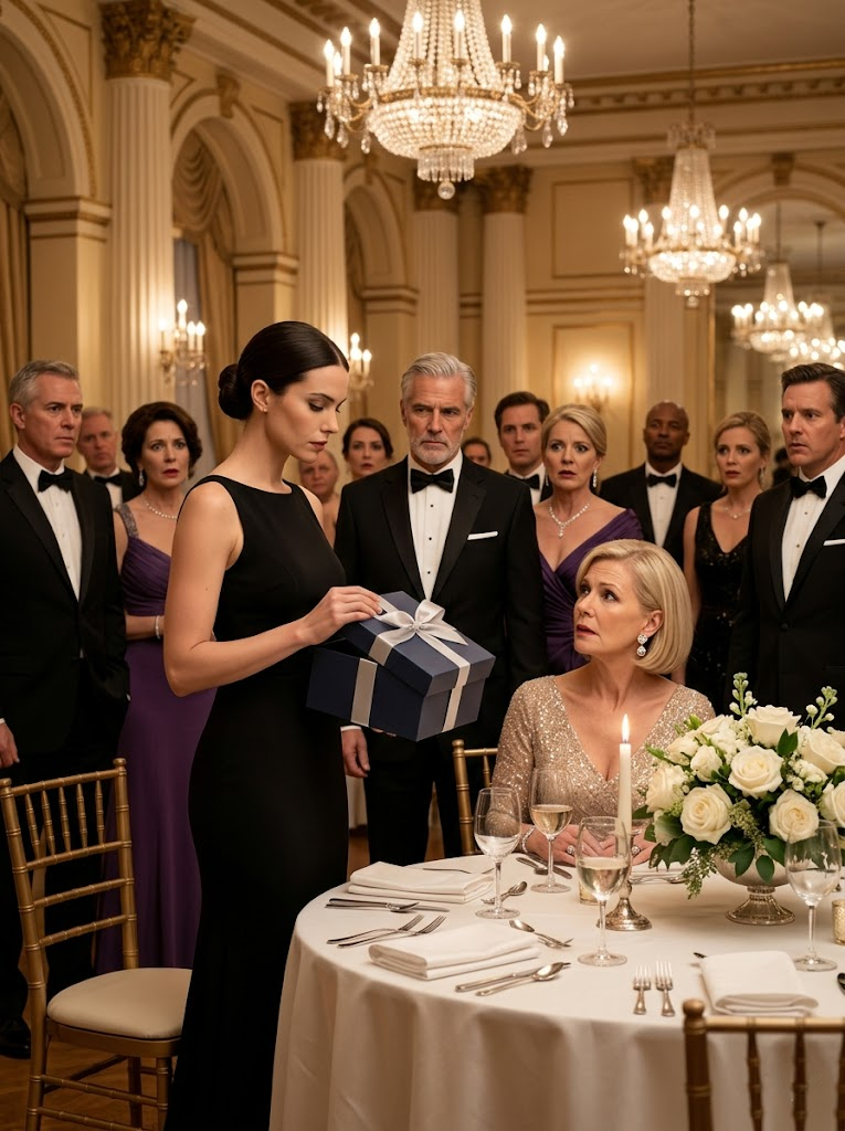 cnu-MY MOTHER LAUGHED WHEN I WALKED INTO HER 15TH ANNIVERSARY PARTY WITH A SMALL NAVY GIFT BOX, CALLED ME A FREELOADER IN FRONT OF FIFTY GUESTS, AND LET MY STEPFATHER SHOVE THE PRESENT BACK INTO MY CHEST LIKE I WAS STILL THE GIRL THEY THREW AWAY YEARS AGO—BUT THE SECOND I SET THAT BOX ON THE TABLE, UNTIED THE SILVER RIBBON, AND CALMLY ASKED EVERYONE IN THE BALLROOM TO LOOK INSIDE BEFORE THEY KEPT JUDGING ME, THE SMILES AROUND THE ROOM STARTED TO DIE, THE WHISPERS TURNED INTO STUNNED SILENCE, AND THE WOMAN WHO SPENT YEARS TELLING EVERYONE I WAS NOTHING REALIZED SHE HAD JUST REJECTED THE ONE GIFT THAT COULD HAVE CHANGED HER LIFE FOREVER