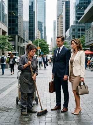 He smirked when he saw me sweeping outside his dream office tower. His fiancée laughed, called me pathetic, and he told me I didn’t belong there. What they didn’t know was that in thirty minutes, they would walk into a boardroom and learn the woman they mocked owned the entire building. By then, it was too late to take back a single word.