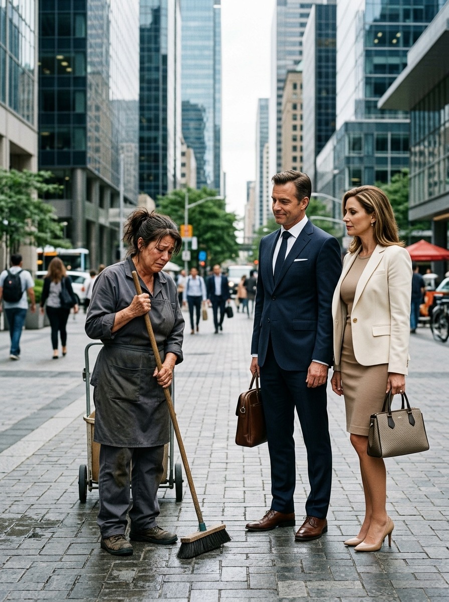 He smirked when he saw me sweeping outside his dream office tower. His fiancée laughed, called me pathetic, and he told me I didn’t belong there. What they didn’t know was that in thirty minutes, they would walk into a boardroom and learn the woman they mocked owned the entire building. By then, it was too late to take back a single word.