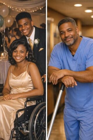 At Prom, Only One Boy Asked Me to Dance Because I Was in a Wheelchair – 30 Years Later, I Met Him Again and He Needed Help I never expected that one night could echo across decades. At seventeen, everything in my life split into a before and an after. Before, I was just a girl worrying about curfews, dresses, and whether anyone would ask me to prom. After, I was learning how to exist in a body that no longer felt like mine. The accident happened fast. A drunk driver ran a red light, and suddenly there were sirens, broken bones, and doctors speaking in careful tones that tried to soften words like “damage” and “uncertain.” Six months later, prom arrived. I told my mom I wasn’t going. “I don’t want to be stared at,” I said. She stood in the doorway holding my dress like it was something sacred. “Then stare back.” She helped me get ready anyway. Helped me into the dress. Into the chair. Into a version of myself I barely recognized. When we got to the gym, I stayed near the wall. That became my strategy—be present, but not really there. Smile when needed. Let people say the right things. “You look amazing.” “I’m so glad you came.” “We should take a picture.” Then they went back to the dance floor. Back to movement. Back to a life that still made sense. I stayed where I was. Until Marcus crossed the room. At first, I thought he was heading for someone else. Someone standing behind me. Someone who still belonged in that space. But he stopped right in front of me. “Hey,” he said, like it was the most normal thing in the world. I didn’t know what to do with that. “You hiding over here?” he asked. “Is it hiding if everyone can see me?” He paused, and something in his expression softened. “Fair point,” he said. Then he held out his hand. “Would you like to dance?” I stared at him. “Marcus, I can’t.” He nodded once, like that wasn’t the end of the conversation. “Okay,” he said. “Then we’ll figure out what dancing looks like.” Before I could protest, he wheeled me onto the floor. I went rigid. “People are staring.” “They were already staring,” he said. “Might as well give them something worth looking at.” And somehow… I laughed. He didn’t dance around me. He danced with me. He spun the chair slowly at first, then a little faster when he saw I wasn’t afraid. He held my hands like they mattered. Like I mattered. “For the record,” I told him, “this is insane.” “For the record,” he said, grinning, “you’re smiling.” And I was. That night didn’t fix anything. It didn’t change my diagnosis or erase the months ahead. But it gave me something I didn’t have anymore. A moment where I wasn’t the girl in the wheelchair. Just… a girl at prom. After graduation, life pulled us apart. My family moved for rehab. Surgeries. Recovery that wasn’t really recovery so much as adaptation. I learned how to stand again. Then how to walk—first with braces, then without. Slowly. Imperfectly. But forward. I also learned how many places in the world quietly shut people out. That became my fuel. I studied design. Fought my way through school. Built a career around spaces that didn’t exclude people the way I had been excluded. Eventually, I built my own firm. On paper, it looked like success. In reality, it was something closer to survival turned into purpose. Thirty years passed before I saw him again. Not on purpose. I spilled coffee in a small café near a job site, and a man came over with a mop, moving with a slight limp. “Don’t move,” he said. “I’ve got it.” There was something familiar about him, but I couldn’t place it right away. Older. Tired. Worn in the way life does to people who carry too much for too long. The next day, I went back. And the day after that, I said it. “Thirty years ago, you asked a girl in a wheelchair to dance at prom.” His hand stopped mid-motion. He looked at me, really looked this time. “Emily?” he said, like the name had been waiting somewhere inside him. And just like that, the years folded in on themselves. Life hadn’t been kind to him. His mother got sick right after high school. Everything he had planned—football, college, scholarships—fell apart. He worked whatever jobs he could find. Took care of her. Ignored his own injuries until they became permanent. “I thought it was temporary,” he told me once. “Then I looked up, and I was fifty.” There was no bitterness in his voice. Just truth. We started talking. Slowly. Carefully. When I offered to help, he refused. So I didn’t call it help. I invited him into my work. One meeting. Paid. No strings. He came reluctantly. Stayed longer than he planned. Because he saw things no one else did. “You’re making it accessible,” he told my team. “That’s not the same as making it welcoming.” That one sentence changed everything. What followed wasn’t instant transformation. It was gradual. Messy. Real. Physical therapy that hurt. Pride that resisted. Moments of doubt. Moments of quiet progress. He found his place at the center we were building—training, mentoring, speaking in ways that reached people others couldn’t. Because he never spoke like an expert. He spoke like someone who had lived it. One day, I brought an old photo to the office. Us on the dance floor. Seventeen. Smiling. “You kept that?” he asked. “Of course I did.” He shook his head like he couldn’t quite understand it. Then he said something that stayed with me. “I tried to find you after high school.” I stared at him. “What?” “You were gone. And then life got… small.” I had spent years thinking I was just a moment in his life. He had spent years remembering me. Now, we’re here. Not young. Not untouched by life. But honest. Careful. Present. His mother has care now. He works with us full-time. He helps people rebuild not just their bodies, but their sense of who they are. And last month, at the opening of our center, there was music. He walked over. Held out his hand. “Would you like to dance?” I took it.