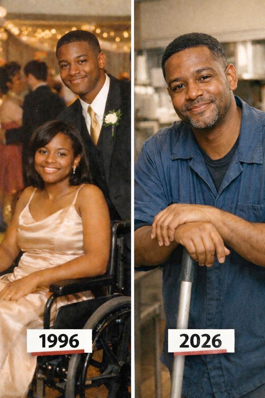 At Prom, Only One Boy Asked Me to Dance Because I Was in a Wheelchair – 30 Years Later, I Met Him Again and He Needed Help I never expected that one night could echo across decades. At seventeen, everything in my life split into a before and an after. Before, I was just a girl worrying about curfews, dresses, and whether anyone would ask me to prom. After, I was learning how to exist in a body that no longer felt like mine. The accident happened fast. A drunk driver ran a red light, and suddenly there were sirens, broken bones, and doctors speaking in careful tones that tried to soften words like “damage” and “uncertain.” Six months later, prom arrived. I told my mom I wasn’t going. “I don’t want to be stared at,” I said. She stood in the doorway holding my dress like it was something sacred. “Then stare back.” She helped me get ready anyway. Helped me into the dress. Into the chair. Into a version of myself I barely recognized. When we got to the gym, I stayed near the wall. That became my strategy—be present, but not really there. Smile when needed. Let people say the right things. “You look amazing.” “I’m so glad you came.” “We should take a picture.” Then they went back to the dance floor. Back to movement. Back to a life that still made sense. I stayed where I was. Until Marcus crossed the room. At first, I thought he was heading for someone else. Someone standing behind me. Someone who still belonged in that space. But he stopped right in front of me. “Hey,” he said, like it was the most normal thing in the world. I didn’t know what to do with that. “You hiding over here?” he asked. “Is it hiding if everyone can see me?” He paused, and something in his expression softened. “Fair point,” he said. Then he held out his hand. “Would you like to dance?” I stared at him. “Marcus, I can’t.” He nodded once, like that wasn’t the end of the conversation. “Okay,” he said. “Then we’ll figure out what dancing looks like.” Before I could protest, he wheeled me onto the floor. I went rigid. “People are staring.” “They were already staring,” he said. “Might as well give them something worth looking at.” And somehow… I laughed. He didn’t dance around me. He danced with me. He spun the chair slowly at first, then a little faster when he saw I wasn’t afraid. He held my hands like they mattered. Like I mattered. “For the record,” I told him, “this is insane.” “For the record,” he said, grinning, “you’re smiling.” And I was. That night didn’t fix anything. It didn’t change my diagnosis or erase the months ahead. But it gave me something I didn’t have anymore. A moment where I wasn’t the girl in the wheelchair. Just… a girl at prom. After graduation, life pulled us apart. My family moved for rehab. Surgeries. Recovery that wasn’t really recovery so much as adaptation. I learned how to stand again. Then how to walk—first with braces, then without. Slowly. Imperfectly. But forward. I also learned how many places in the world quietly shut people out. That became my fuel. I studied design. Fought my way through school. Built a career around spaces that didn’t exclude people the way I had been excluded. Eventually, I built my own firm. On paper, it looked like success. In reality, it was something closer to survival turned into purpose. Thirty years passed before I saw him again. Not on purpose. I spilled coffee in a small café near a job site, and a man came over with a mop, moving with a slight limp. “Don’t move,” he said. “I’ve got it.” There was something familiar about him, but I couldn’t place it right away. Older. Tired. Worn in the way life does to people who carry too much for too long. The next day, I went back. And the day after that, I said it. “Thirty years ago, you asked a girl in a wheelchair to dance at prom.” His hand stopped mid-motion. He looked at me, really looked this time. “Emily?” he said, like the name had been waiting somewhere inside him. And just like that, the years folded in on themselves. Life hadn’t been kind to him. His mother got sick right after high school. Everything he had planned—football, college, scholarships—fell apart. He worked whatever jobs he could find. Took care of her. Ignored his own injuries until they became permanent. “I thought it was temporary,” he told me once. “Then I looked up, and I was fifty.” There was no bitterness in his voice. Just truth. We started talking. Slowly. Carefully. When I offered to help, he refused. So I didn’t call it help. I invited him into my work. One meeting. Paid. No strings. He came reluctantly. Stayed longer than he planned. Because he saw things no one else did. “You’re making it accessible,” he told my team. “That’s not the same as making it welcoming.” That one sentence changed everything. What followed wasn’t instant transformation. It was gradual. Messy. Real. Physical therapy that hurt. Pride that resisted. Moments of doubt. Moments of quiet progress. He found his place at the center we were building—training, mentoring, speaking in ways that reached people others couldn’t. Because he never spoke like an expert. He spoke like someone who had lived it. One day, I brought an old photo to the office. Us on the dance floor. Seventeen. Smiling. “You kept that?” he asked. “Of course I did.” He shook his head like he couldn’t quite understand it. Then he said something that stayed with me. “I tried to find you after high school.” I stared at him. “What?” “You were gone. And then life got… small.” I had spent years thinking I was just a moment in his life. He had spent years remembering me. Now, we’re here. Not young. Not untouched by life. But honest. Careful. Present. His mother has care now. He works with us full-time. He helps people rebuild not just their bodies, but their sense of who they are. And last month, at the opening of our center, there was music. He walked over. Held out his hand. “Would you like to dance?” I took it.