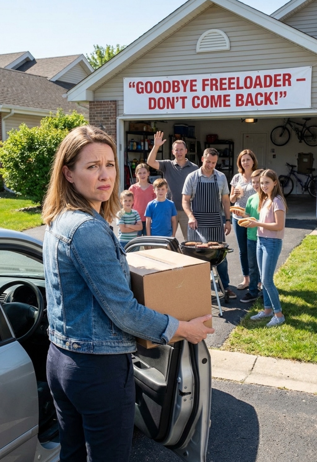 I pulled into my father’s driveway for my last box and froze. A giant banner over the garage screamed, ‘GOODBYE FREELOADER — DON’T COME BACK!’ My drunk uncle pointed at me, yelling, ‘Thirty years old and still useless!’ Then my sister threw a hot dog at my car and laughed, ‘Here’s your last free meal, loser!’ I said nothing. I just took one photo. Two weeks later, they were all begging me to answer the phone.