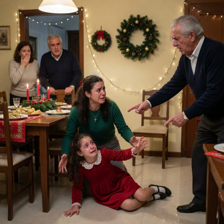 Mi papá empujó a mi hija en plena cena navideña y gritó: “Ese lugar es para mi nieta de sangre”… pero no sabía que yo llevaba una demanda en la bolsa.